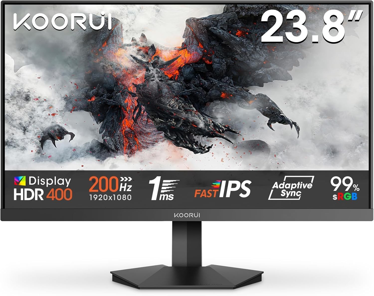 KOORUI G2411P 24 Inch 200Hz Gaming Screen, IPS, FHD 1080P, 1ms, HDR 400, Adaptive Sync, VESA 75x75mm, HDMI 2.0 & DP1.4, Low Blue Light