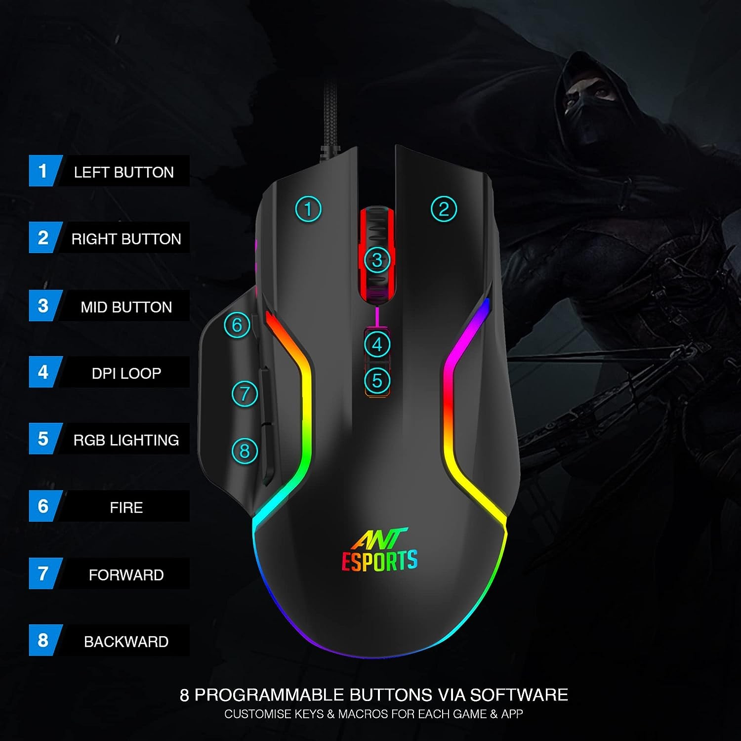 Ant Esports GM320 12800DPI RGB Wired Gaming Mouse Black