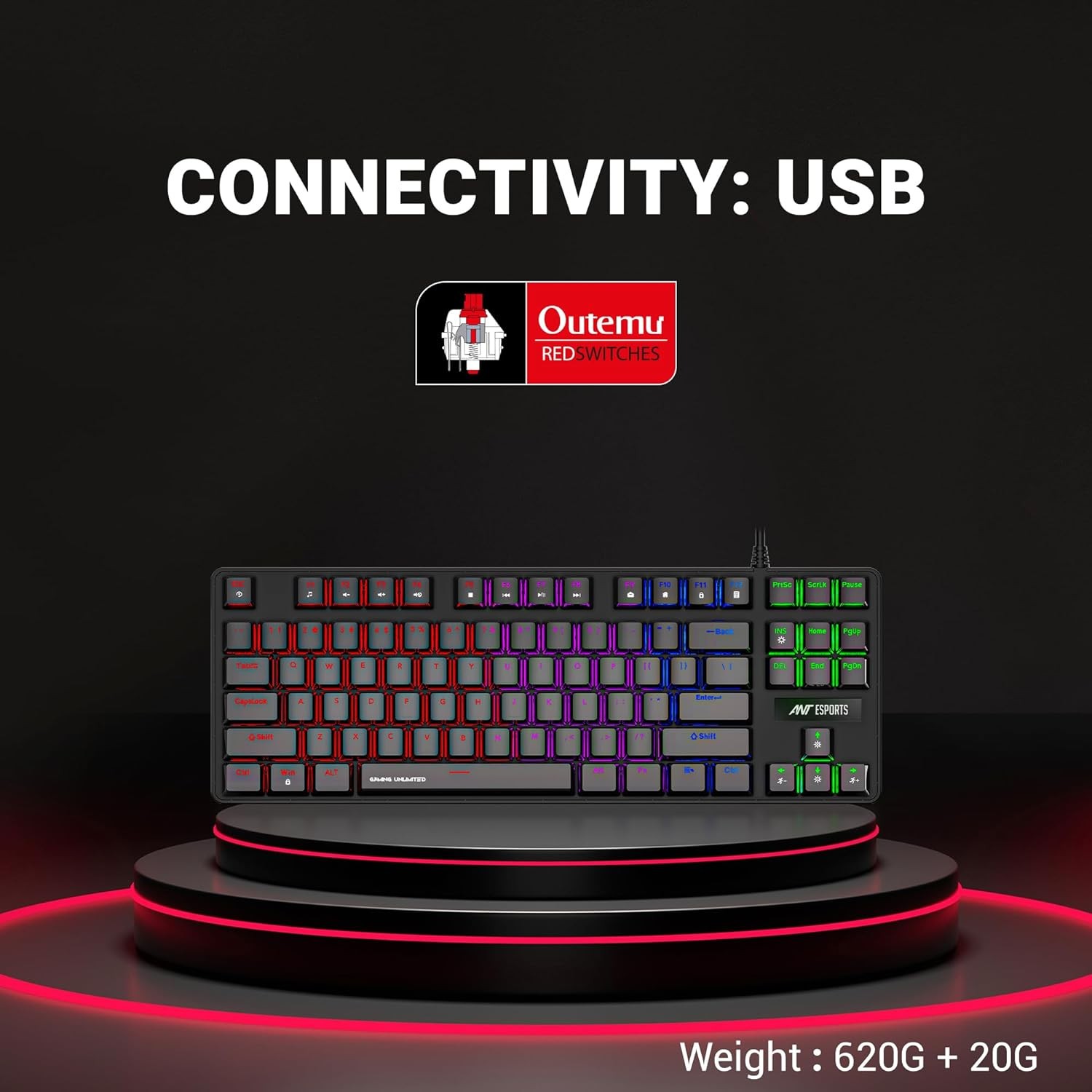 Ant Esports MK1000 Mechanical Wired Gaming Keyboard Black Hot-Swappable Per-Key RGB Red Outemu Switches