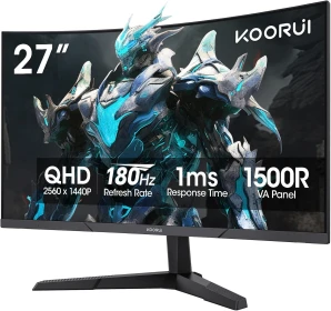 KOORUI 27" Curved Gaming Monitor QHD – 180Hz, 1ms, 1500R, Adaptive Sync, 90% DCI-P3