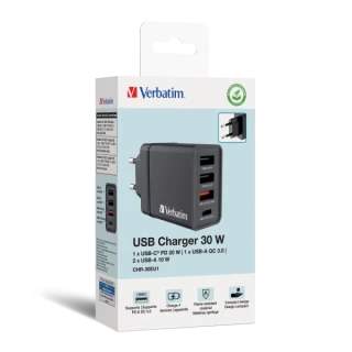 VERBATIM CHR‑30EU2 USB Charger 30W – Black (EU Plug)
