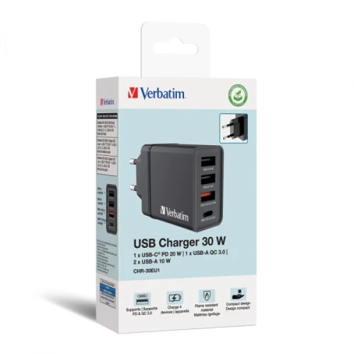 VERBATIM CHR‑30EU2 USB Charger 30W – Black (EU Plug)