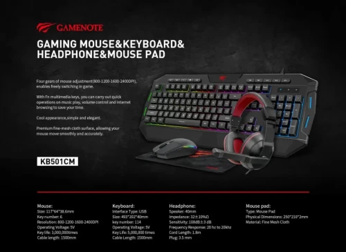 HAVIT KB501CM 4-in-1 Gaming Combo – Keyboard, RGB Mouse, Gaming Headset & Mousepad