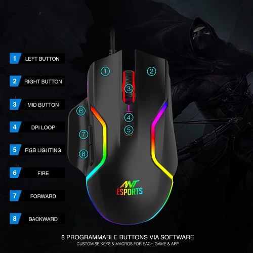 Ant Esports GM320 12800DPI RGB Wired Gaming Mouse Black
