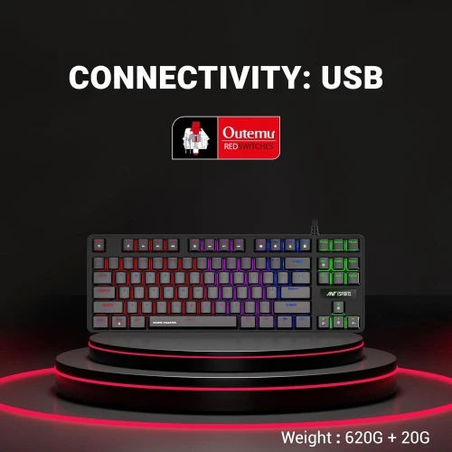 Ant Esports MK1000 Mechanical Wired Gaming Keyboard Black Hot-Swappable Per-Key RGB Red Outemu Switches