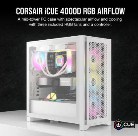 Corsair iCUE 4000D RGB Airflow Tempered Glass Mid-Tower ATX Gaming Case – White (CC-9011241-WW)