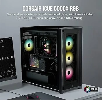 CORSAIR iCUE 5000X RGB Tempered Glass Mid‑Tower ATX PC Smart Case — CC‑9011212‑WW (Black)