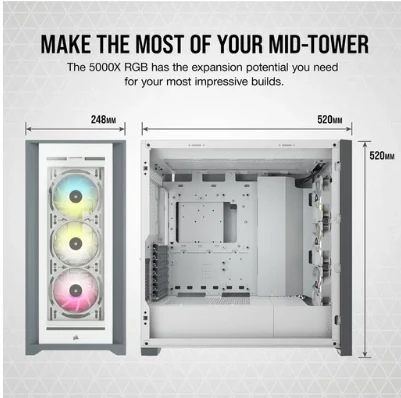 CORSAIR iCUE 5000X RGB Tempered Glass Mid‑Tower ATX PC Smart Case — CC‑9011213‑WW (White)