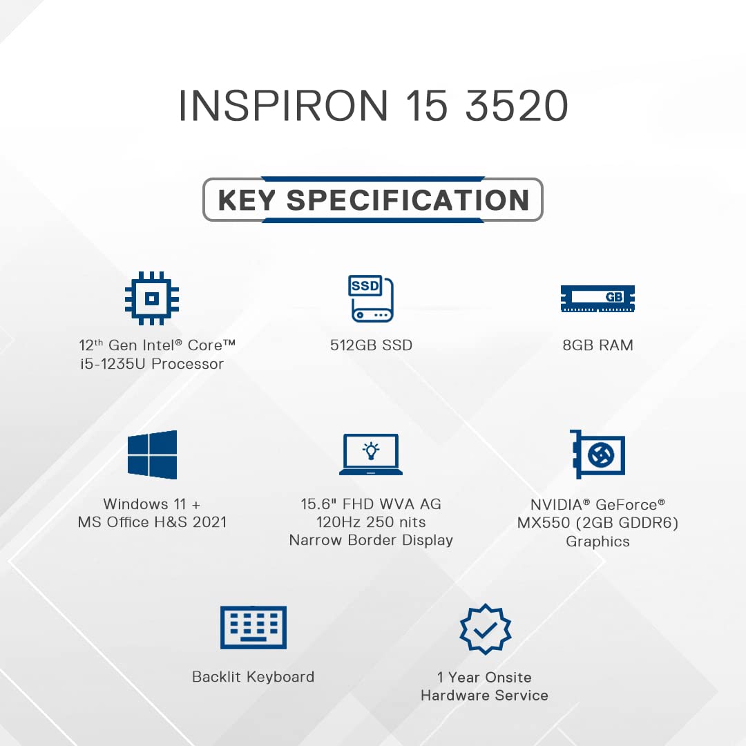 Dell Inspiron 3520 Laptop, Intel i5-1235U, 8GB, 512GB SSD, NVIDIA MX550, 15.6", Backlit KB, Silver