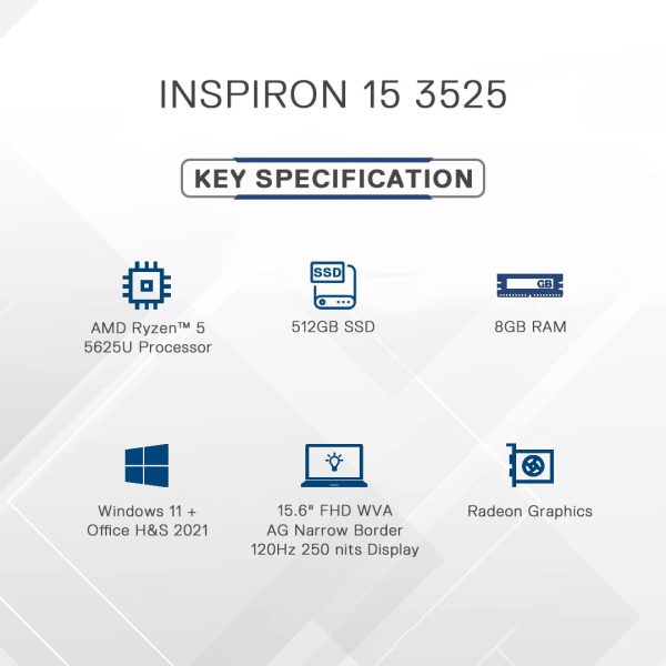 Dell Inspiron 3525 Laptop | AMD Ryzen 5-5625U | 8GB | 512GB | AMD Radeon Graphics | Platinum Silver