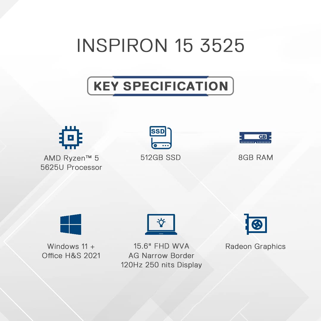 Dell Inspiron 3525 Laptop | AMD Ryzen 5-5625U | 8GB | 512GB | AMD Radeon Graphics | Platinum Silver