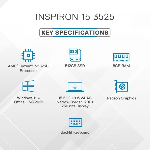 Dell Inspiron 3525 Laptop | AMD Ryzen 7-5825U | 8GB | 512GB | AMD Radeon Graphics | Platinum Silver