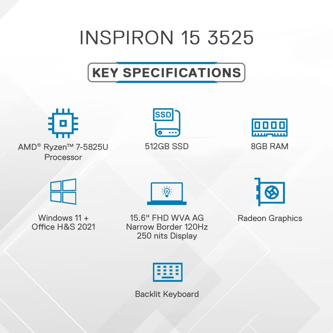 Dell Inspiron 3525 Laptop | AMD Ryzen 7-5825U | 8GB | 512GB | AMD Radeon Graphics | Platinum Silver